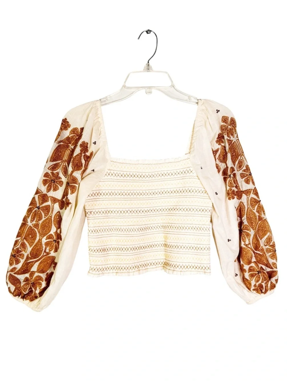 Anthropologie Cotton Embroidered Smocked Peasant Top Blouse Cream Brown Size XS